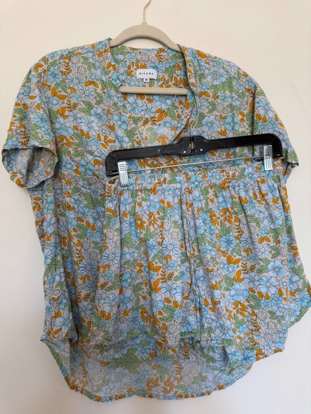 Piyama Floral Pajama Set Button Up Shirt & Shorts Rayon Cottagecore Blue - M